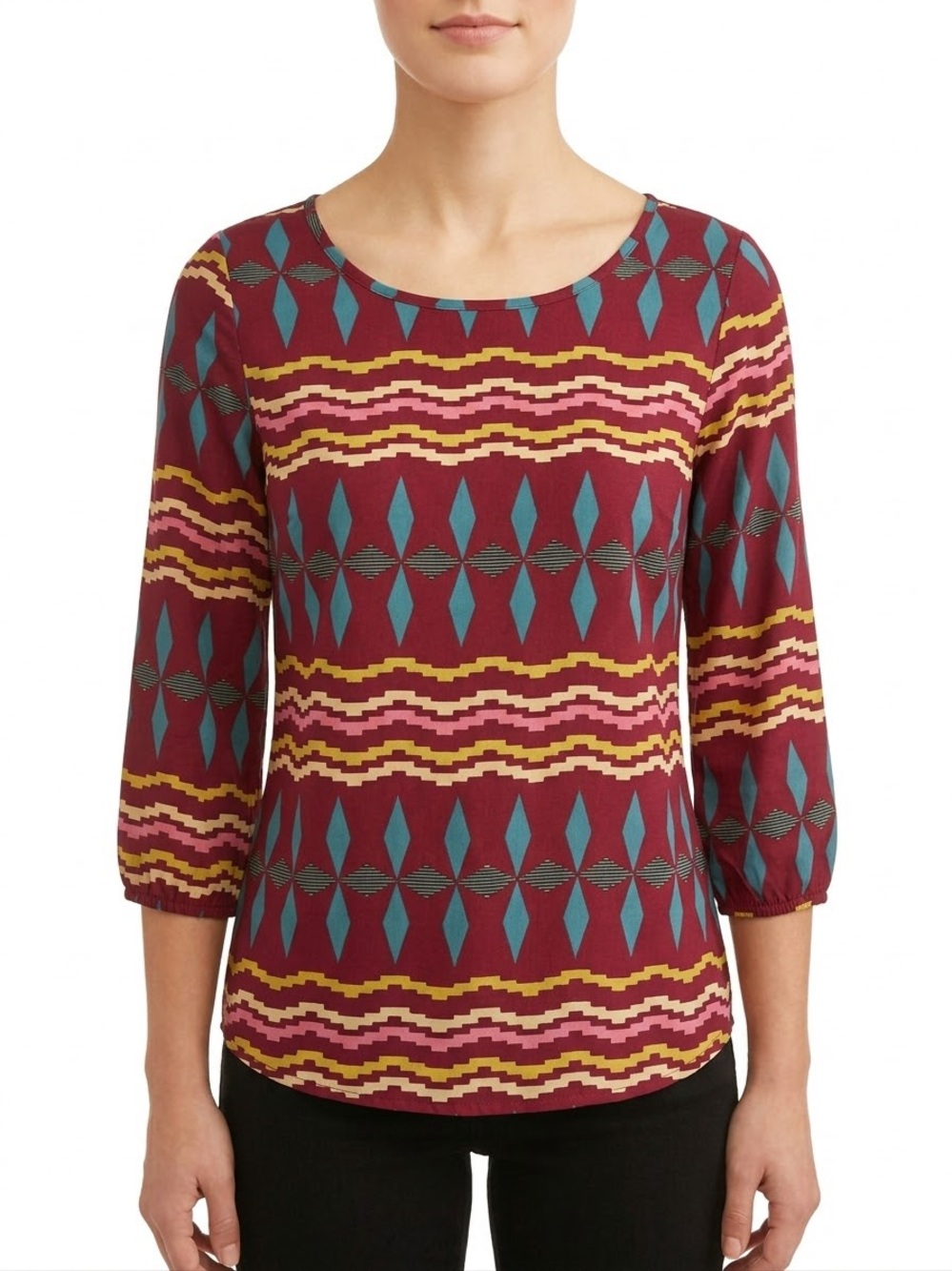 Womens Burgundy Geometric Print 3/4 Sleeve Top